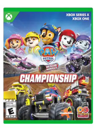 X SERIES X XB ONE. NT7 E 2 CO A 05 26 PAW PATROL - RESCUE WHEELS CHAMPIONSHIP. E ESRB i 02 OG nickelodeon Outright Games. - E (Everyone)
