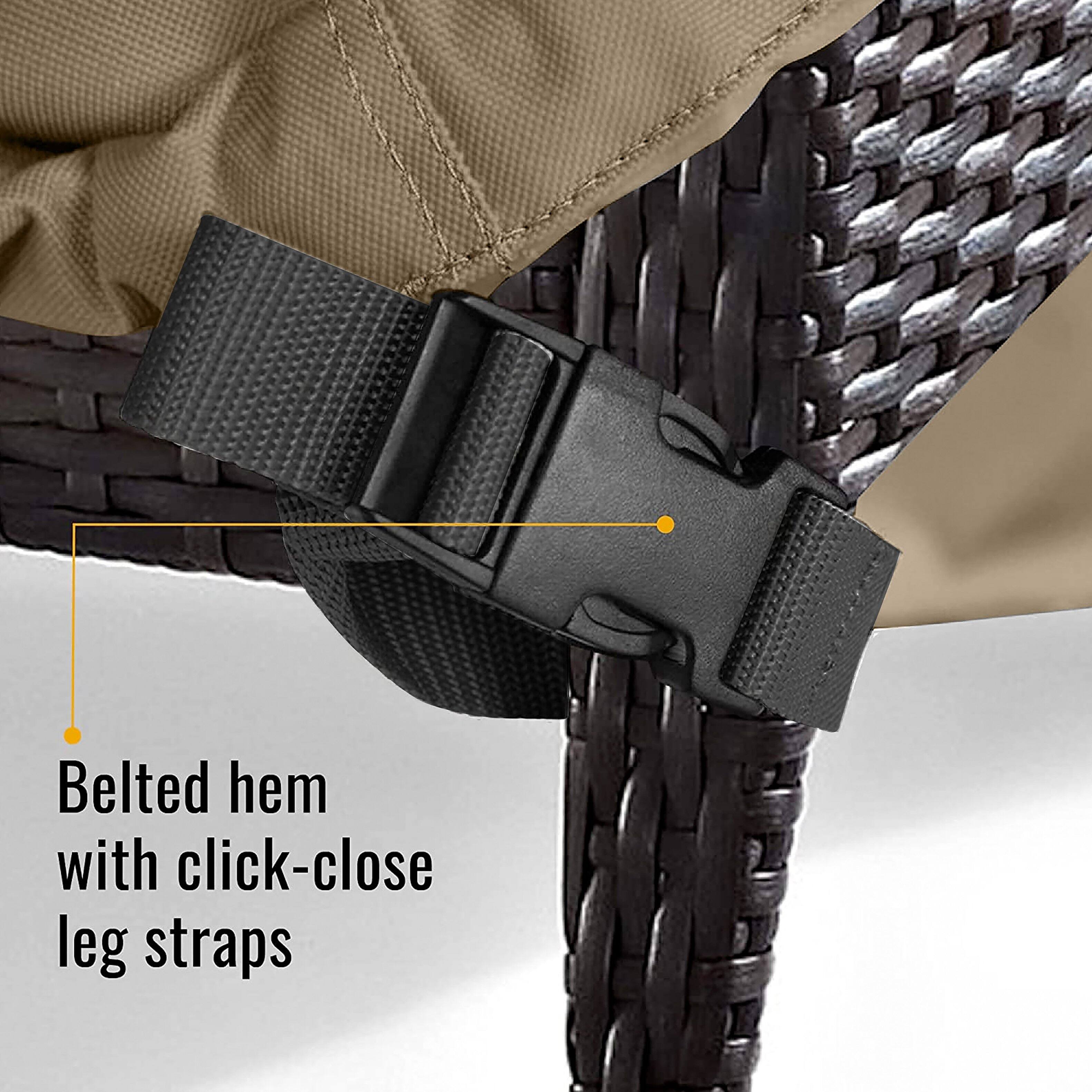 Belted hem with click-close leg straps