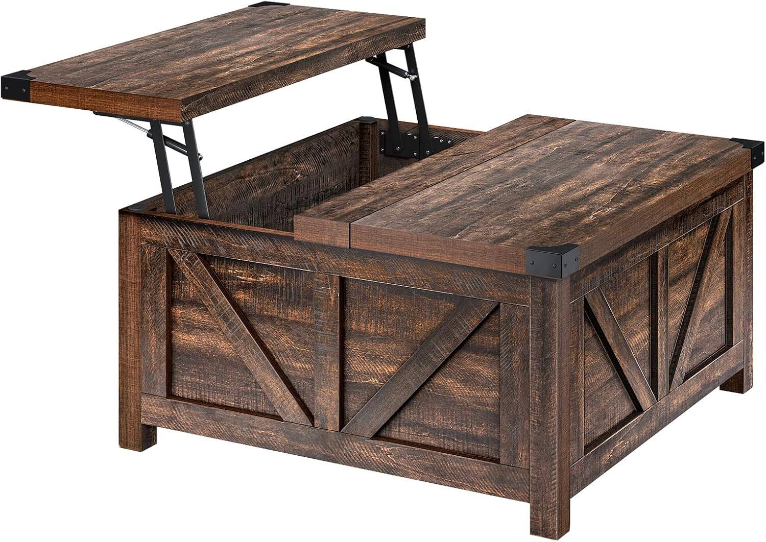 Alt View 6. Lent Glitter Wood - 35.6" Square Lift Top Coffee Table, Farmhouse Coffee Table with Storage & Charging Ports, Wood Center Table w/Large Hid - Brown.