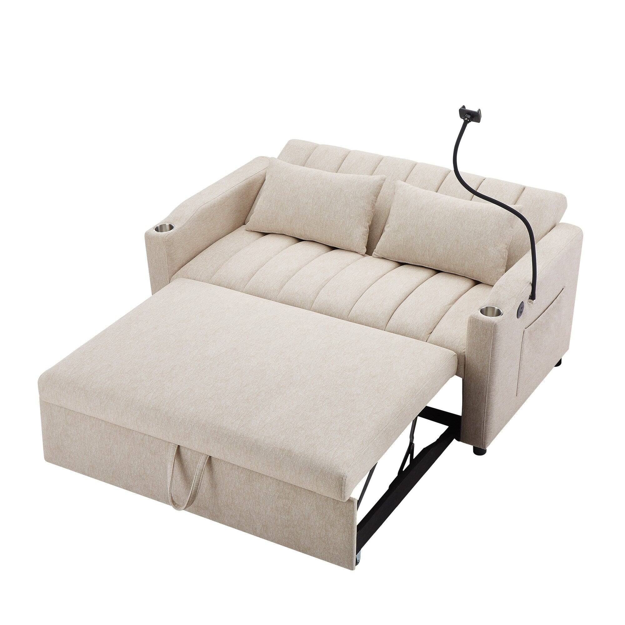 Left. Boyel Living - 55.9 in. Polyester Twin Size Convertible Sofa Bed with USB Ports and Side Pockets - Beige.