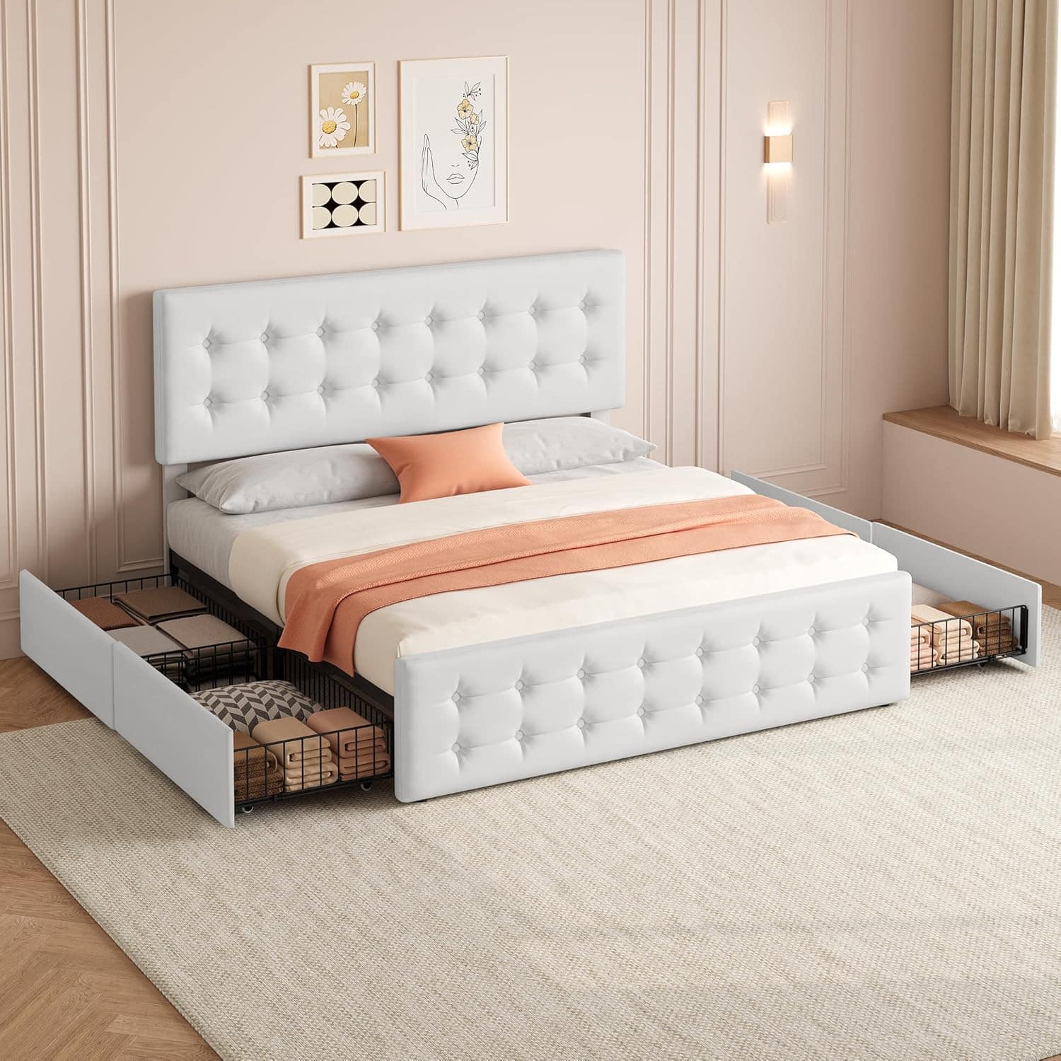 Babevy - Full/Queen/King Bed Frame with 4 Drawers & Adjustable Headboard, Faux Leather Upholstered Mattress Foundation - White