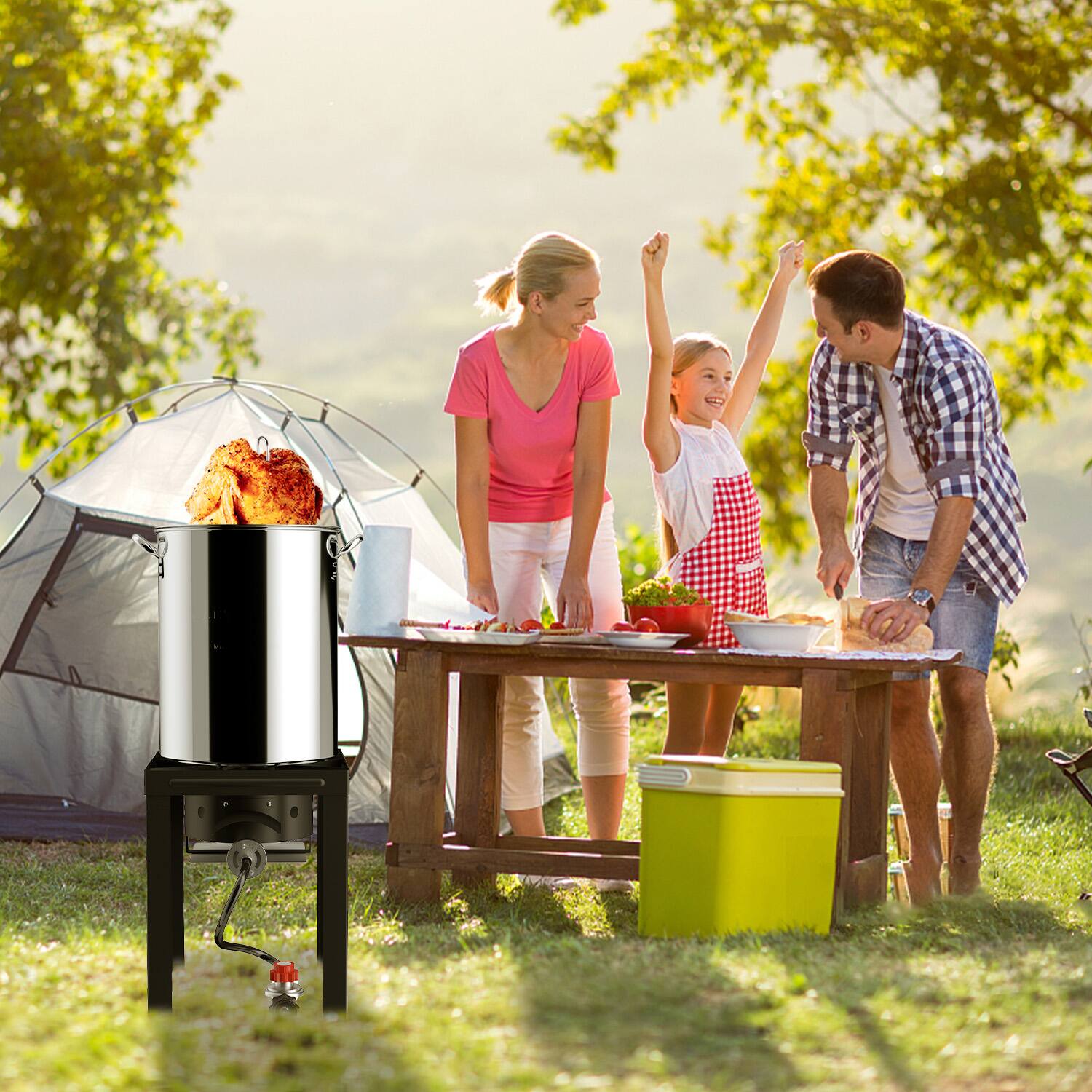 Back. FODINGHILL - 30QT Stainless Steel Turkey Fryer & Seafood Boil Pot with Basket, Skimmer & Cover for Backyard Cooking - silver.