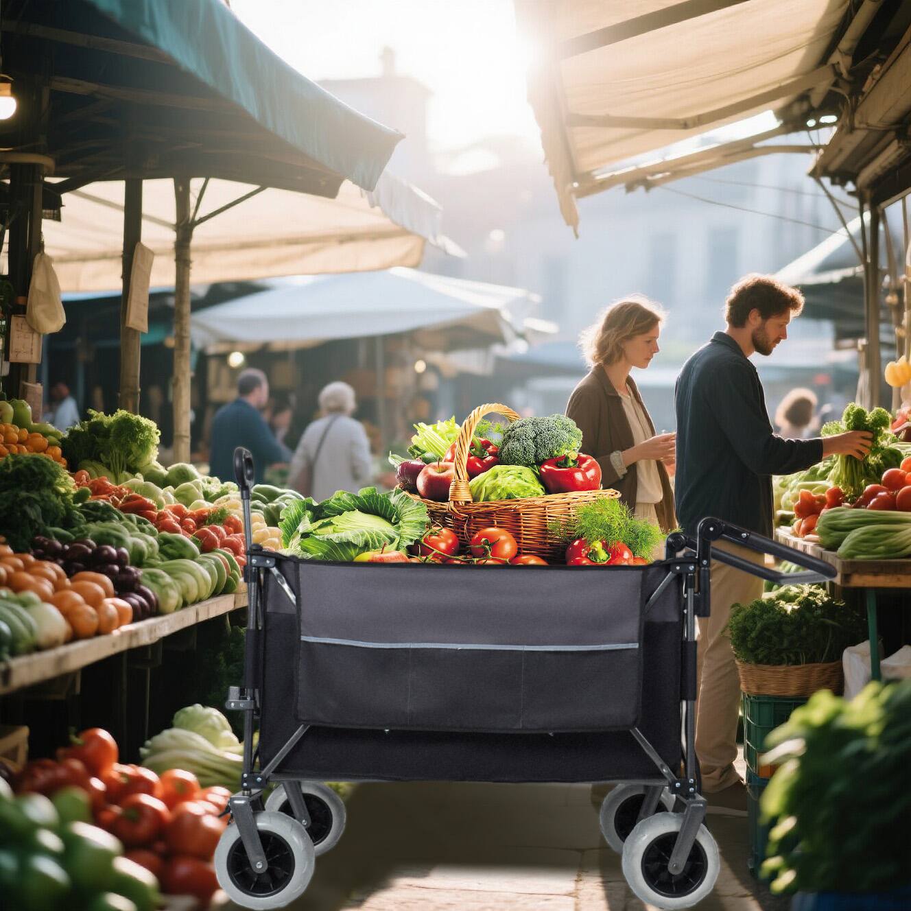 Left. Mondawe - 300L XL Push-Pull Folding Wagon Utility Carts w/ 9"x4" Beach Tires, 360° Wheels, Adjustable Handle for Camping/Beach - Black.