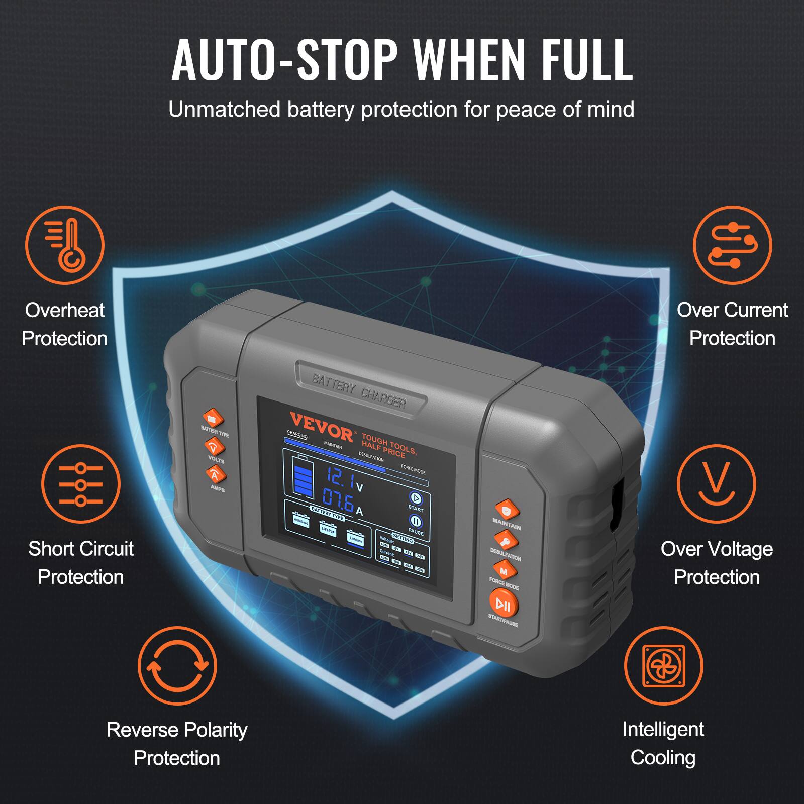 AUTO-STOP WHEN FULL  
Unmatched battery protection for peace of mind  

- Overheat Protection  
- Over Current Protection  
- Short Circuit Protection  
- Reverse Polarity Protection  
- Over Voltage Protection  
- Intelligent Cooling  

BATTERY CHARGER  
VEVOR  
TOUGH TOOLS  

12.0 V  
07.6 A  

START  
CHARGE  
DISCHARGE  
OFF  
BATTERY  
CHARGE  
BATTERY  
CHARGE  
BATTERY  
CHARGE  
BATTERY  
CHARGE  
BATTERY  
CHARGE  
BATTERY  
CHARGE  
BATTERY  
CHARGE  
BATTERY  
CHARGE  
BATTERY  
CHARGE  
BATTERY  
CHARGE  
BATTERY  
CHARGE  
BATTERY  
CHARGE  
BATTERY  
CHARGE  
BATTERY  
CHARGE  
BATTERY  
CHARGE  
BATTERY  
CHARGE  
BATTERY  
CHARGE  
BATTERY  
CHARGE  
BATTERY  
CHARGE  
BATTERY  
CHARGE  
BATTERY  
CHARGE  
BATTERY  
CHARGE  
BATTERY  
CHARGE  
BATTERY  
CHARGE  
BATTERY  
CHARGE  
BATTERY  
CHARGE  
BATTERY  
CHARGE  
BATTERY  
CHARGE  
BATTERY  
CHARGE  
BATTERY  
CHARGE  
BATTERY  
CHARGE  
BATTERY  
CHARGE  
BATTERY  
CHARGE  
BATTERY  
CHARGE  
BATTERY  
CHARGE  
BATTERY  
CHARGE  
BATTERY  
CHARGE  
BATTERY  
CHARGE  
BATTERY  
CHARGE  
BATTERY  
CHARGE  
BATTERY  
CHARGE  
BATTERY  
CHARGE  
BATTERY  
CHARGE  
BATTERY  
CHARGE  
BATTERY  
CHARGE  
BATTERY  
CHARGE  
BATTERY  
CHARGE  
BATTERY  
CHARGE  
BATTERY  
CHARGE  
BATTERY  
CHARGE  
BATTERY  
CHARGE  
BATTERY  
CHARGE  
BATTERY  
CHARGE  
BATTERY  
CHARGE  
BATTERY  
CHARGE  
BATTERY  
CHARGE  
BATTERY  
CHARGE  
BATTERY  
CHARGE  
BATTERY  
CHARGE  
BATTERY  
CHARGE  
BATTERY  
CHARGE  
BATTERY  
CHARGE  
BATTERY  
CHARGE  
BATTERY  
CHARGE  
BATTERY  
CHARGE  
BATTERY  
CHARGE  
BATTERY  
CHARGE  
BATTERY  
CHARGE  
BATTERY  
CHARGE  
BATTERY  
CHARGE  
BATTERY  
CHARGE  
BATTERY  
CH