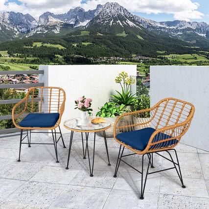 Front. Gymax - Gymax 3PCS Rattan Patio Bistro Set Conversation Furniture Set w/ Navy Cushions - Navy.