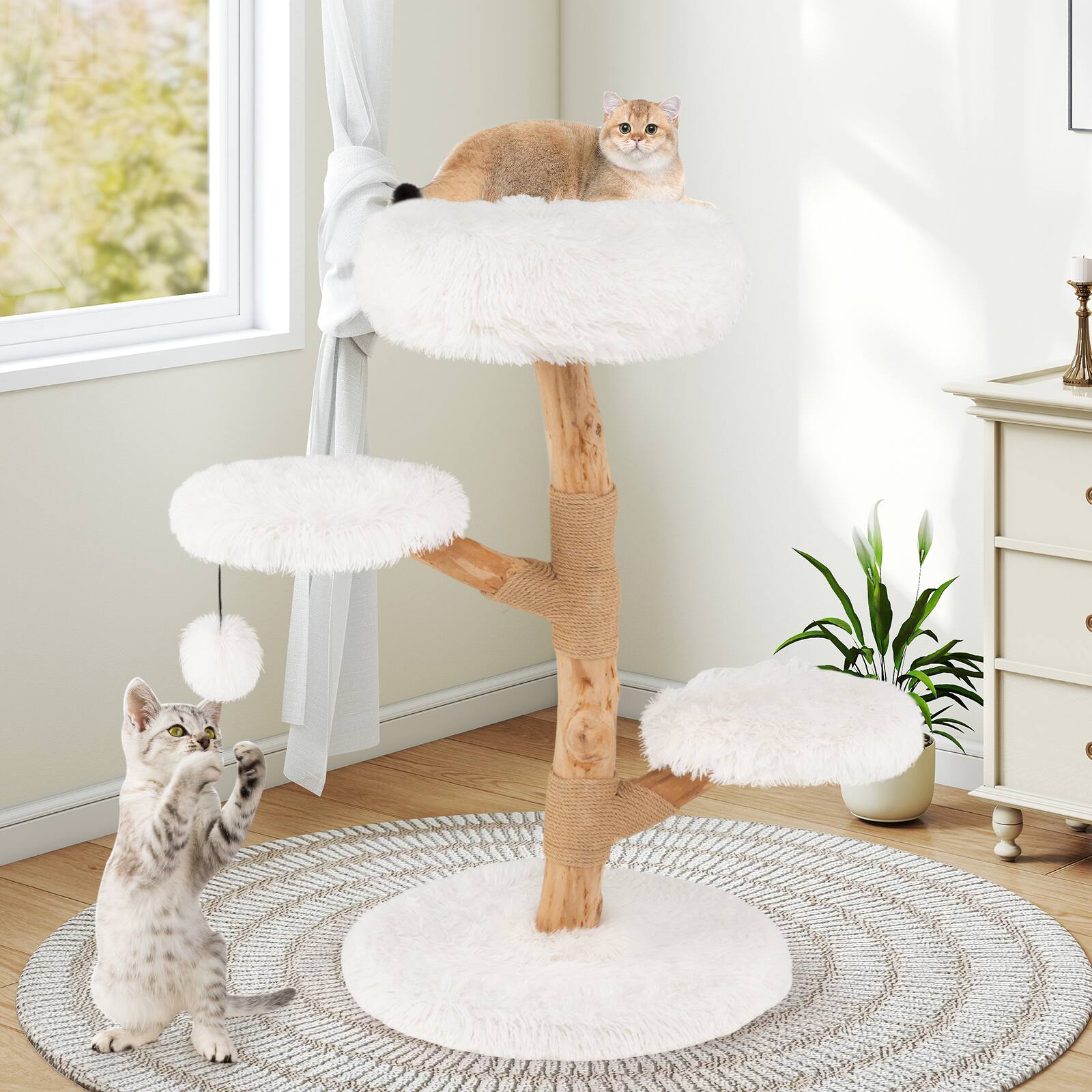 Alt View 3. Costway - Costway Cat Tree with Perch, Natural Jute Scratching Posts, Dangling Ball, Soft Long Plush - Natural & White.