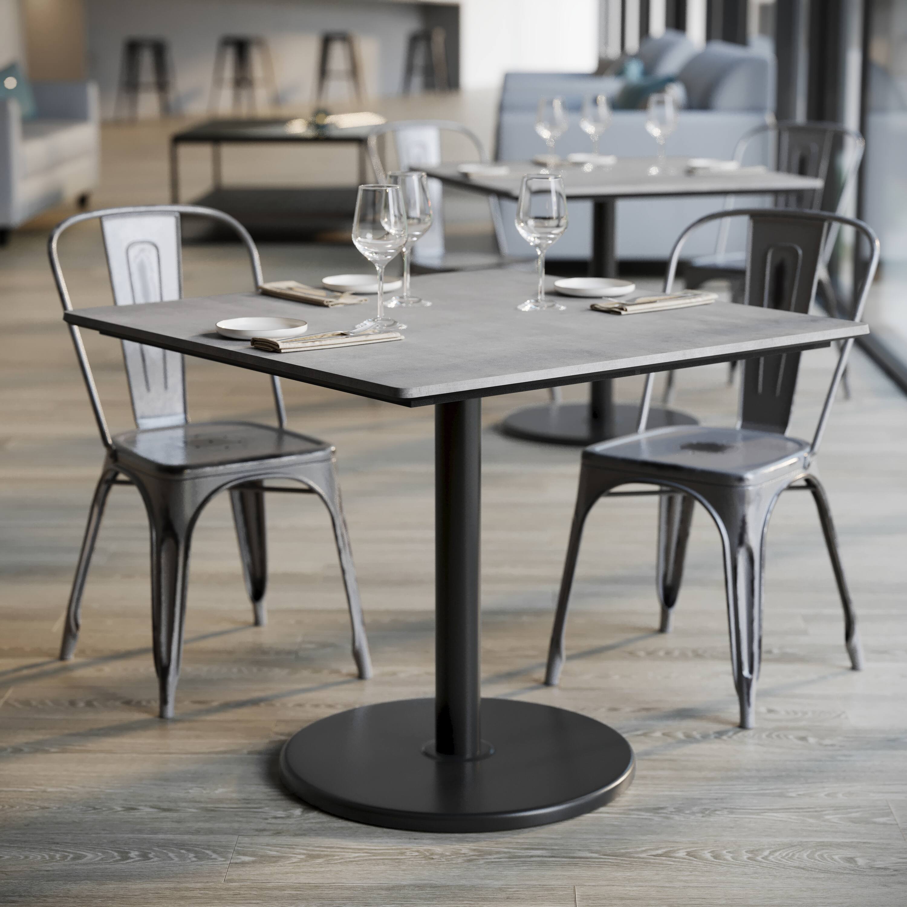 Alt View 4. Emma + Oliver - PureShield Tabletop with Seam-Free Surface Innovation and Table Height Round Base - Gray Faux Concrete/Black Base.