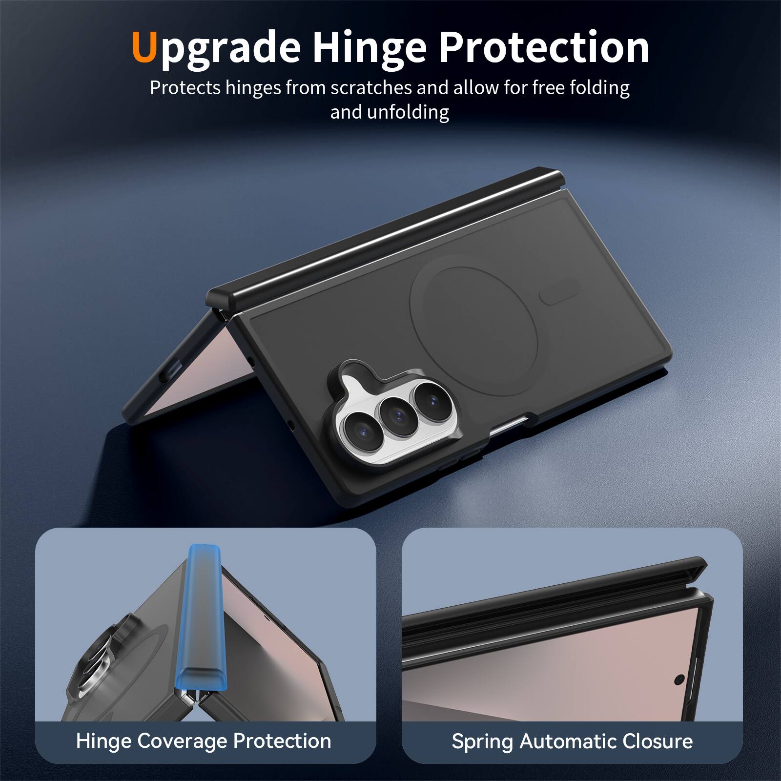 Upgrade Hinge Protection  
Protects hinges from scratches and allow for free folding and unfolding  

Hinge Coverage Protection  

Spring Automatic Closure