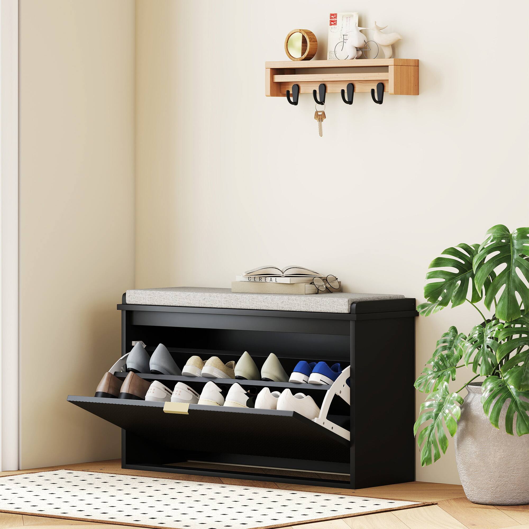 Alt View 1. Homcom - Narrow Shoe Bench with Padded Seat Cushion and Flip-Drawer, Small Entryway Bench Holds up to 265lb, Shoe Cabinet - Black.