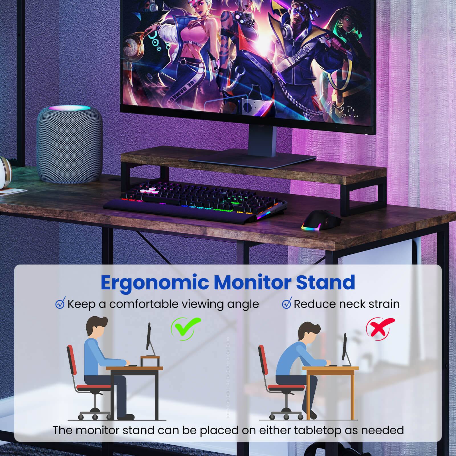 Ergonomic Monitor Stand: Keep a comfortable viewing angle and reduce neck strain. The monitor stand can be placed on either tabletop as needed.