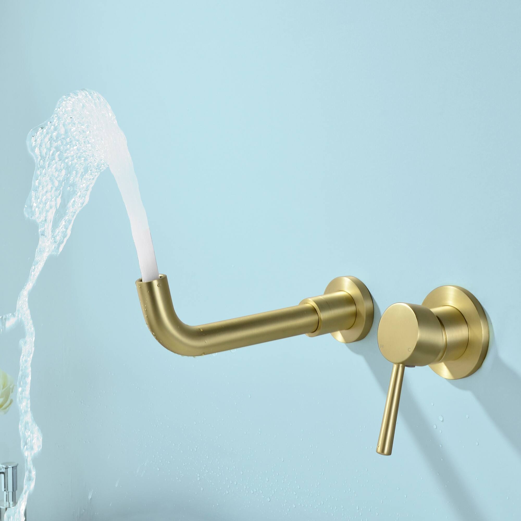 Alt View 2. Boyel Living - Brushed Gold Wall Mount Basin Faucet Single Handle 360° Swivel Spout - Brushed Gold.