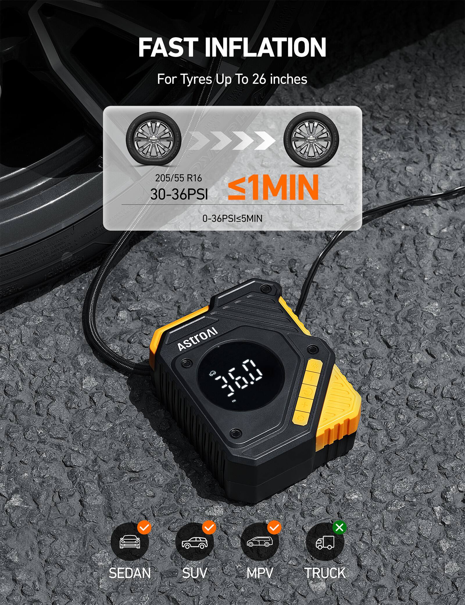 FAST INFLATION For Tyres Up To 26 inches 205/55 R16 30-36PSI <1MIN 0-36PSI<5MIN SEDAN SUV MPV TRUCK