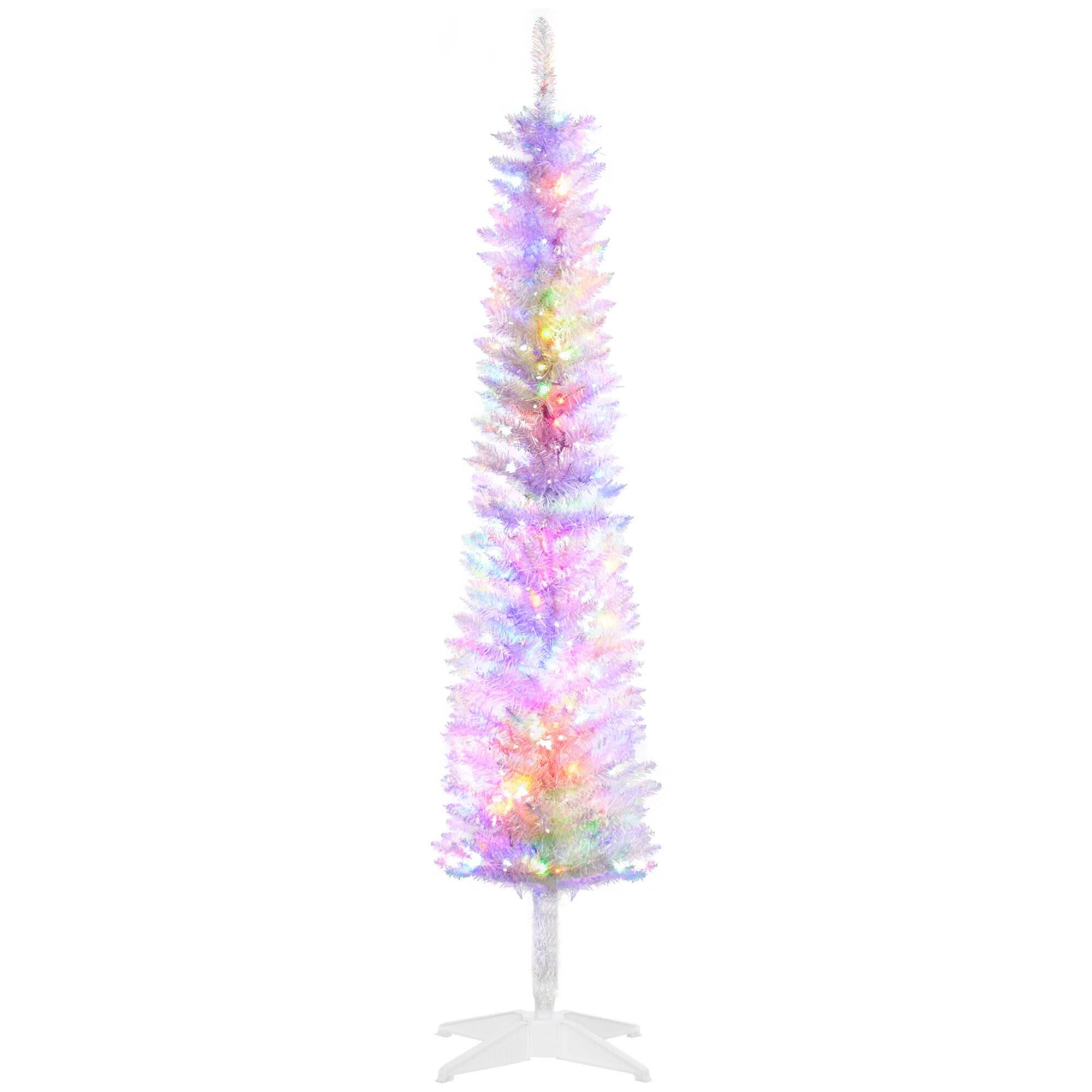 BreeBe - 5ft Tall Pencil Prelit Artificial Christmas Tree Holiday Décor with 250 Colorful Surface Branches - White