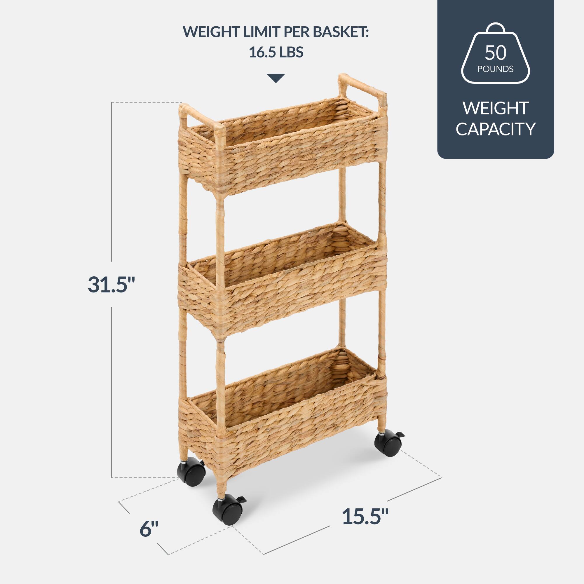 WEIGHT LIMIT PER BASKET: 16.5 LBS  
50 POUNDS WEIGHT CAPACITY  
31.5"  
6"  
15.5"