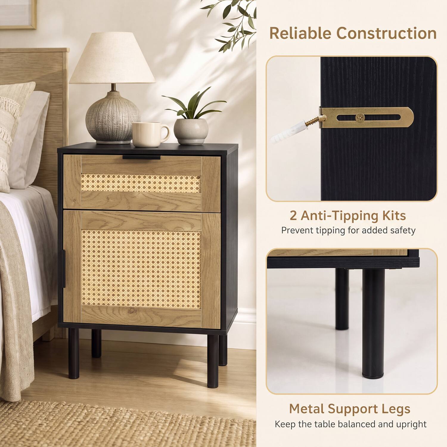 Reliable Construction

2 Anti-Tipping Kits
Prevent tipping for added safety

Metal Support Legs
Keep the table balanced and upright