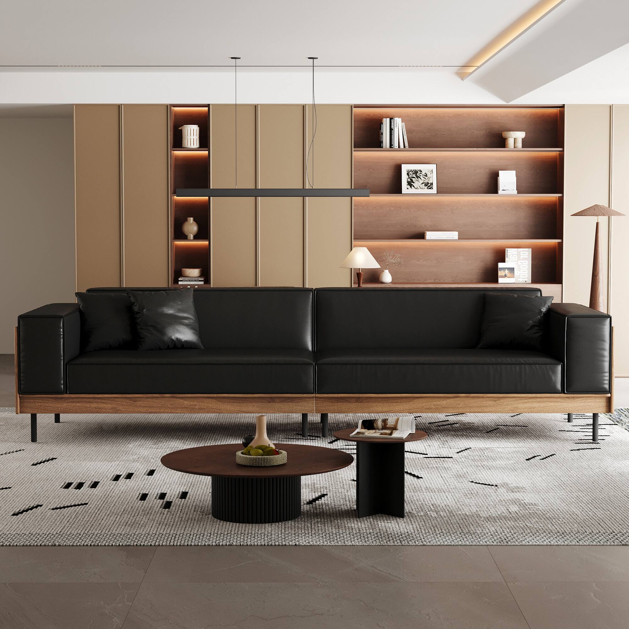 Angle. luck idea - Modern Leather Sofa 106.3" Wide with Solid Wood Frame, Metal Legs and 3 Decorative Pillows - Black.