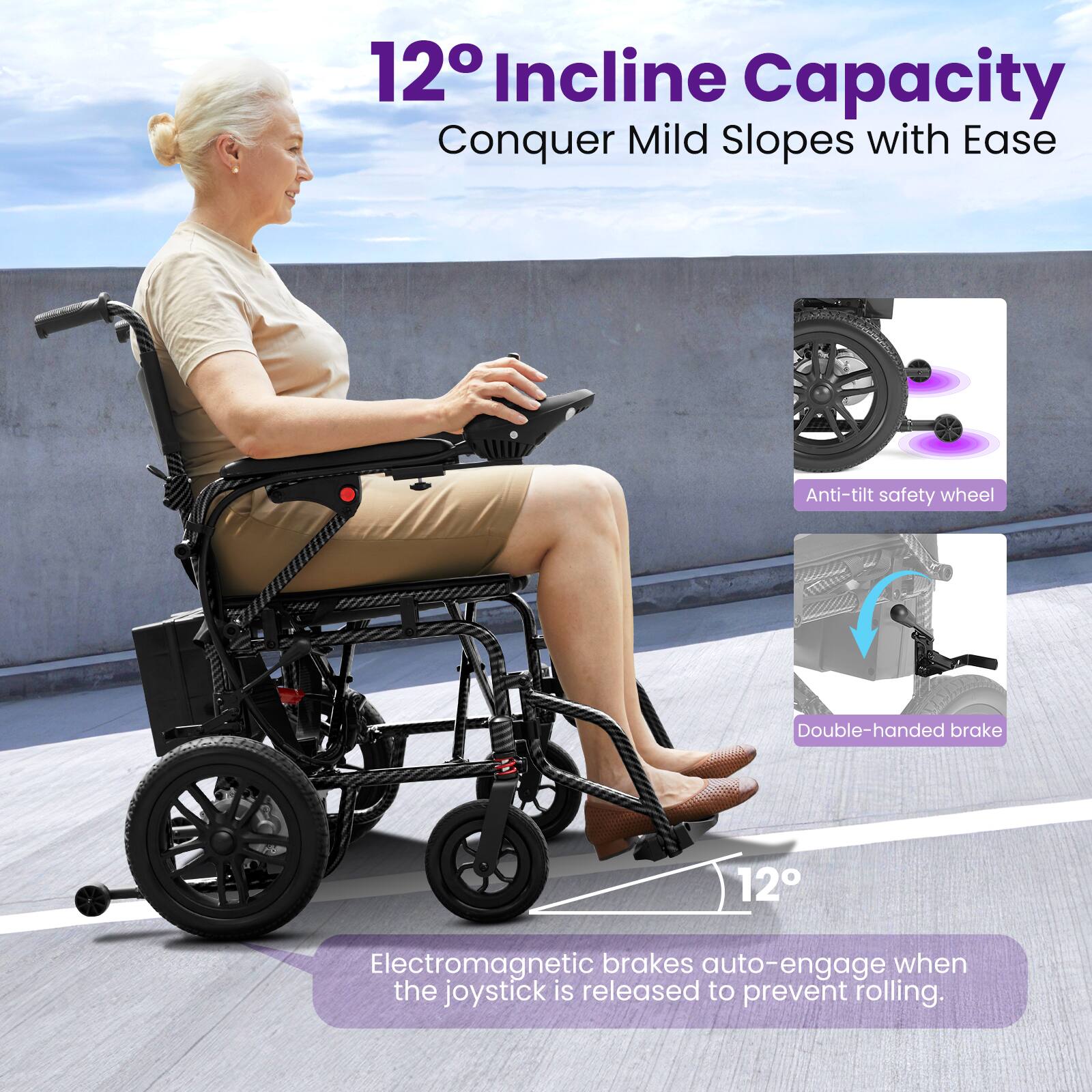 12° Incline Capacity  
Conquer Mild Slopes with Ease  

Anti-tilt safety wheel  
Double-handed brake  

Electromagnetic brakes auto-engage when the joystick is released to prevent rolling.