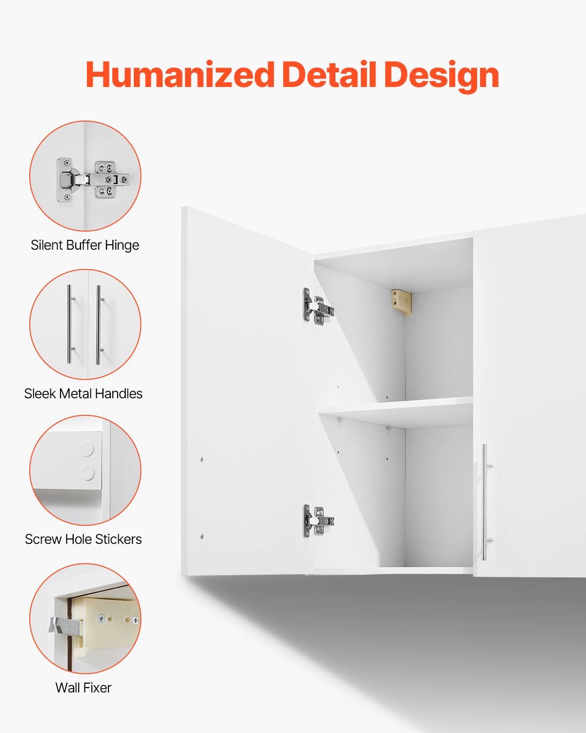 Humanized Detail Design

- Silent Buffer Hinge
- Sleek Metal Handles
- Screw Hole Stickers
- Wall Fixer