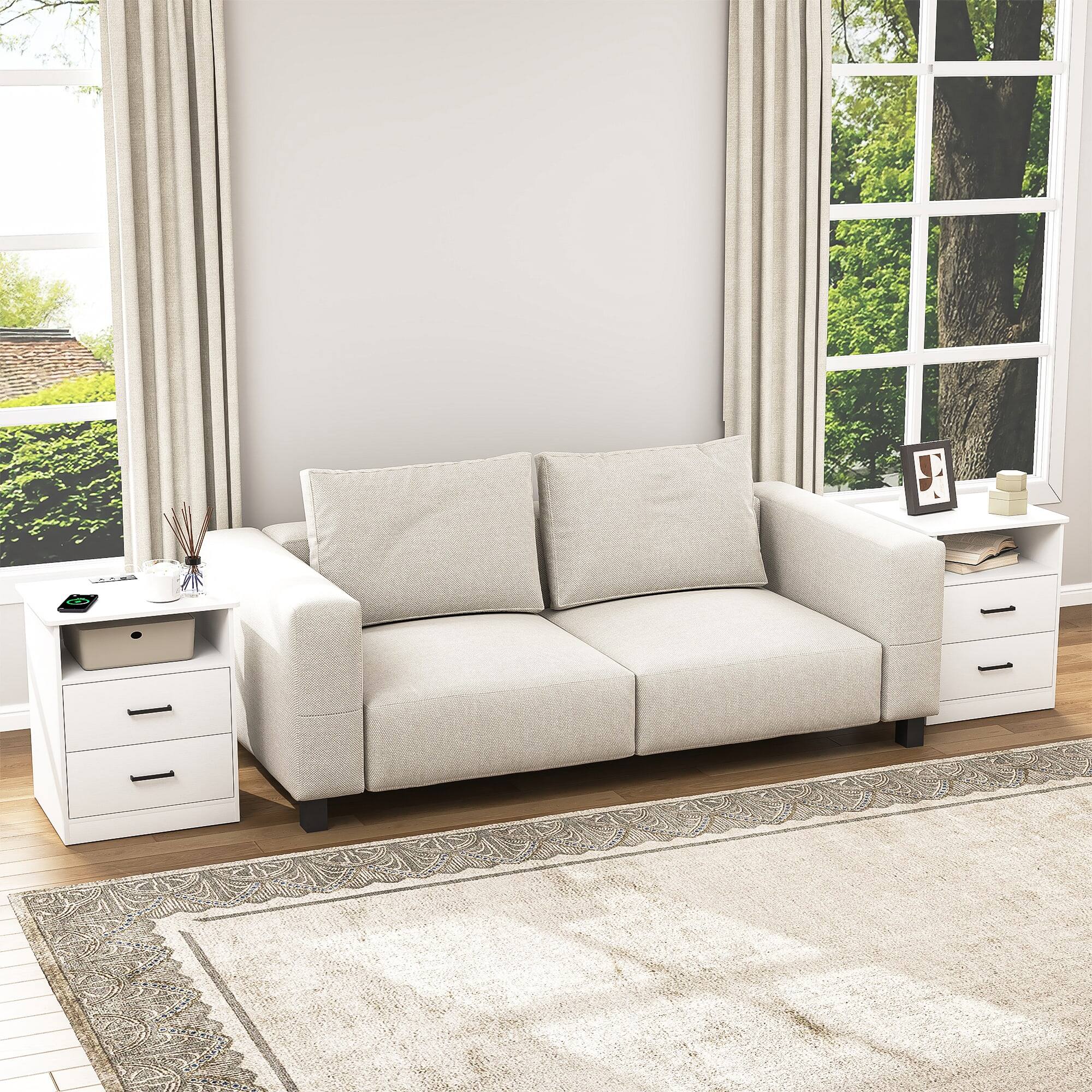 Back. Kadyn - Wood Nightstand With Charging Station, Bedside Table With 2 Drawers, Bedroom Nightstand - White.