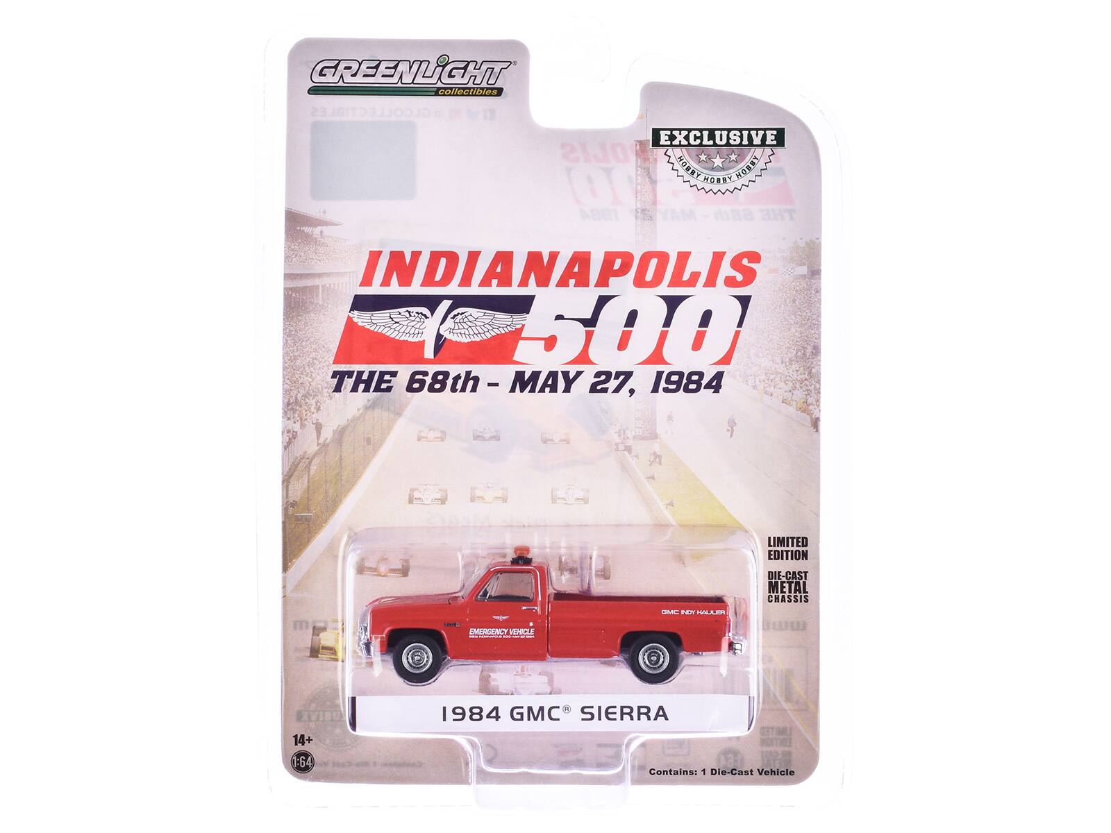 GREENLiCHT collectibles  
GLCOLLECTIBLES  
EXCLUSIVE  
OLIS HOBER HORRY HOORY  
THE INDIANAPOLIS 500  
THE 68th - MAY 27, 1984  
LIMITED EDITION DIE-CAST METAL CHASSIS  
14+ 1:64  
1984 GMC SIERRA  
Contains: 1 Die-Cast Vehicle