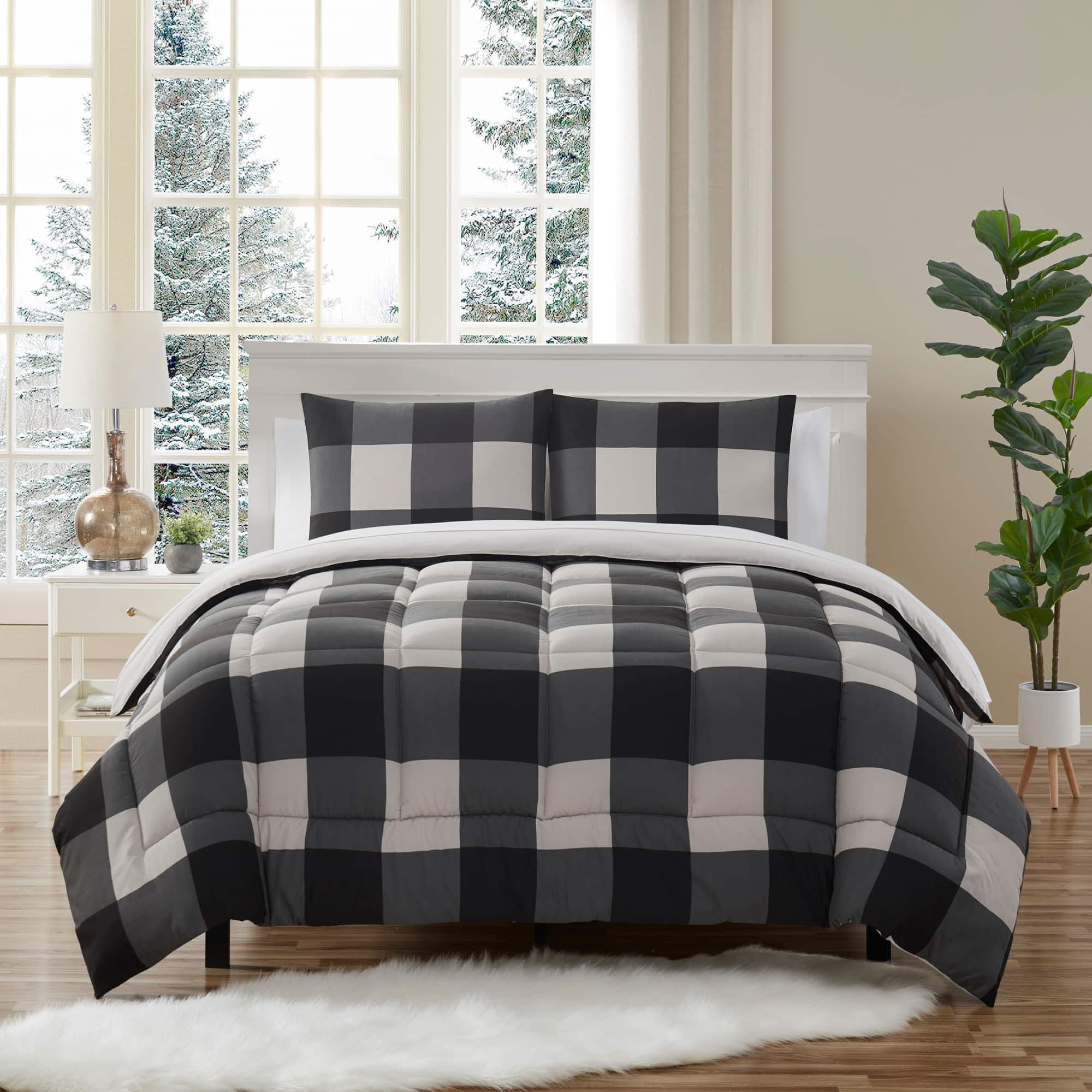 Sweet Home Collection - 7 Piece Buffalo Plaid Bed in a Bag Comforter and Sheet Set - Full - Black/Grey
