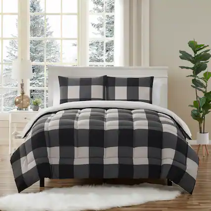 Front. Sweet Home Collection - 7 Piece Buffalo Plaid Bed in a Bag Comforter and Sheet Set - King - Black/Grey.