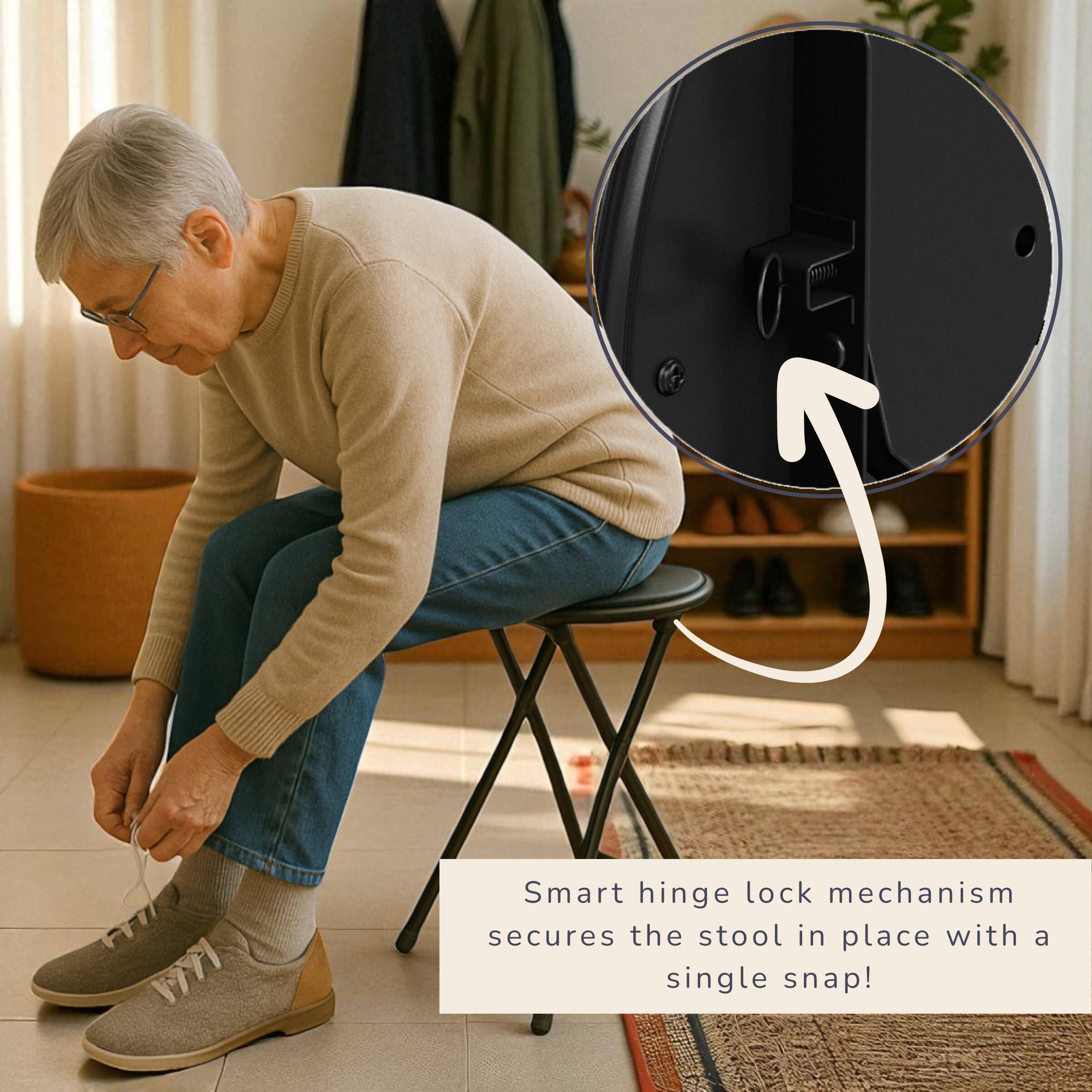Smart hinge lock mechanism secures the stool in place with a single snap!