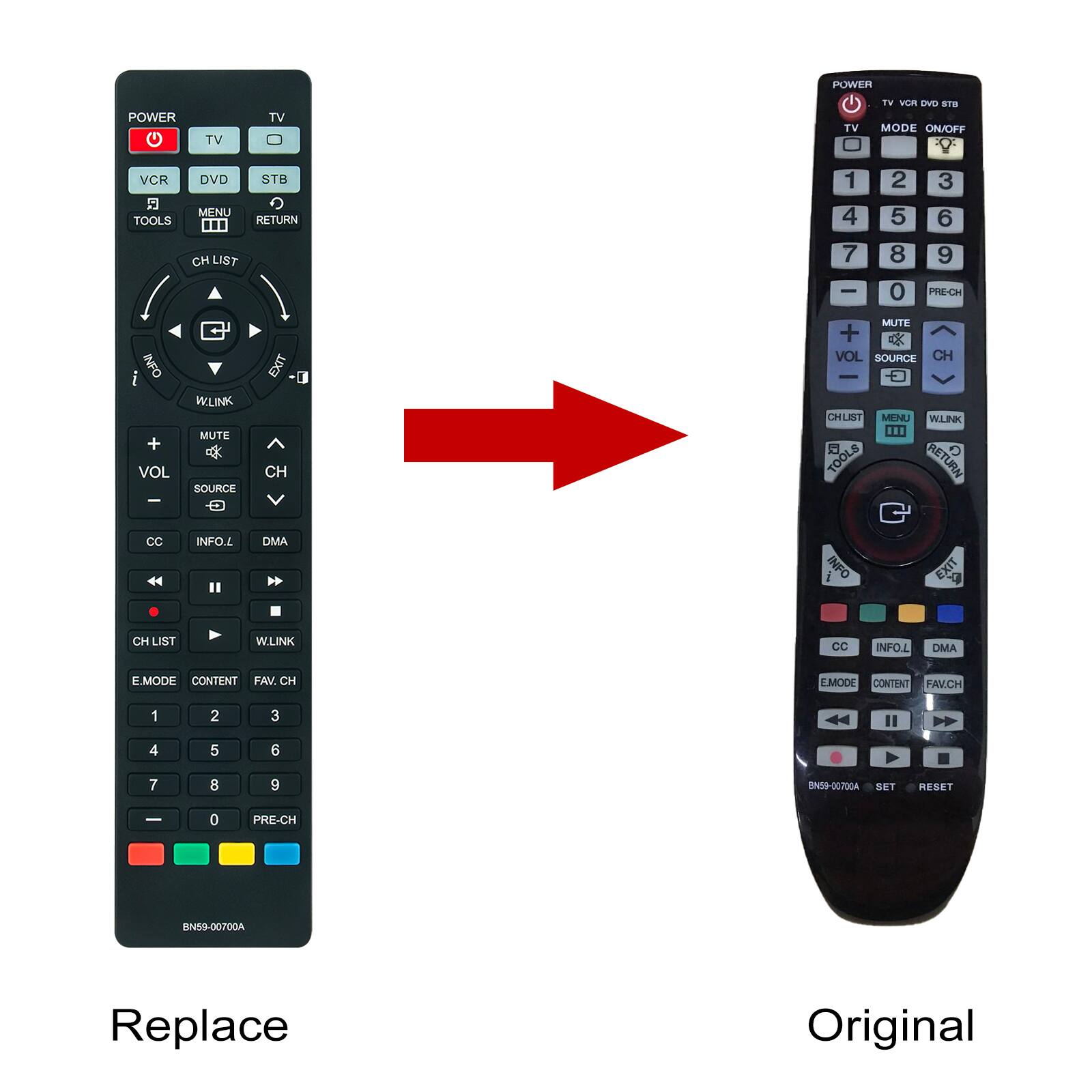 POWER TV VCR DVD STB MODE ON/OFF TOOLS MENU RETURN CH LIST INFO WLINK MUTE VOL CH SOURCE EXIT CC INFO.L DMA E.MODE CONTENT FAV.CH 1 2 3 4 5 6 7 8 9 PRE-CH BN59-00700A

POWER TV VCR DVD STB MODE ON/OFF TOOLS MENU RETURN CH LIST INFO WLINK MUTE VOL CH SOURCE EXIT CC INFO.L DMA E.MODE CONTENT FAV.CH 1 2 3 4 5 6 7 8 9 PRE-CH BN59-00700A