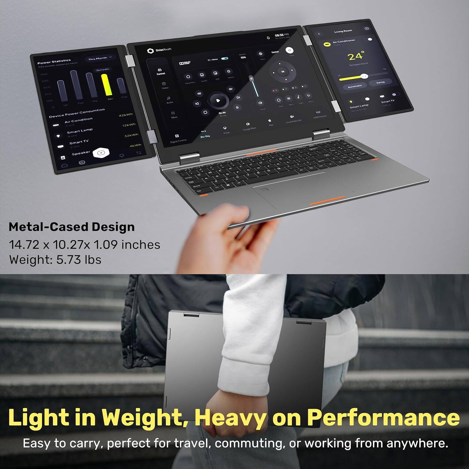 Metal-Cased Design  
14.72 x 10.27 x 1.09 inches  
Weight: 5.73 lbs  

Light in Weight, Heavy on Performance  
Easy to carry, perfect for travel, commuting, or working from anywhere.