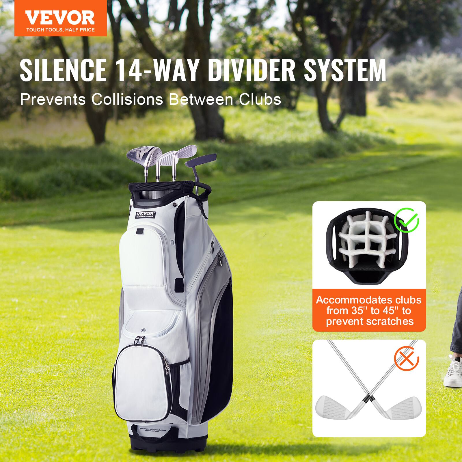 VEVOR  
TOUGH TOOLS, HALF PRICE  

SILENCE 14-WAY DIVIDER SYSTEM  
Prevents Collisions Between Clubs  

Accommodates clubs from 35" to 45" to prevent scratches