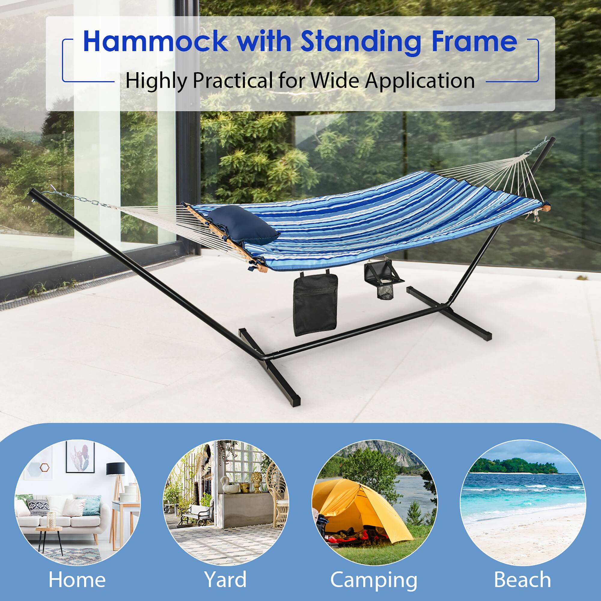 Hammock with Standing Frame  
Highly Practical for Wide Application  

Home  
Yard  
Camping  
Beach