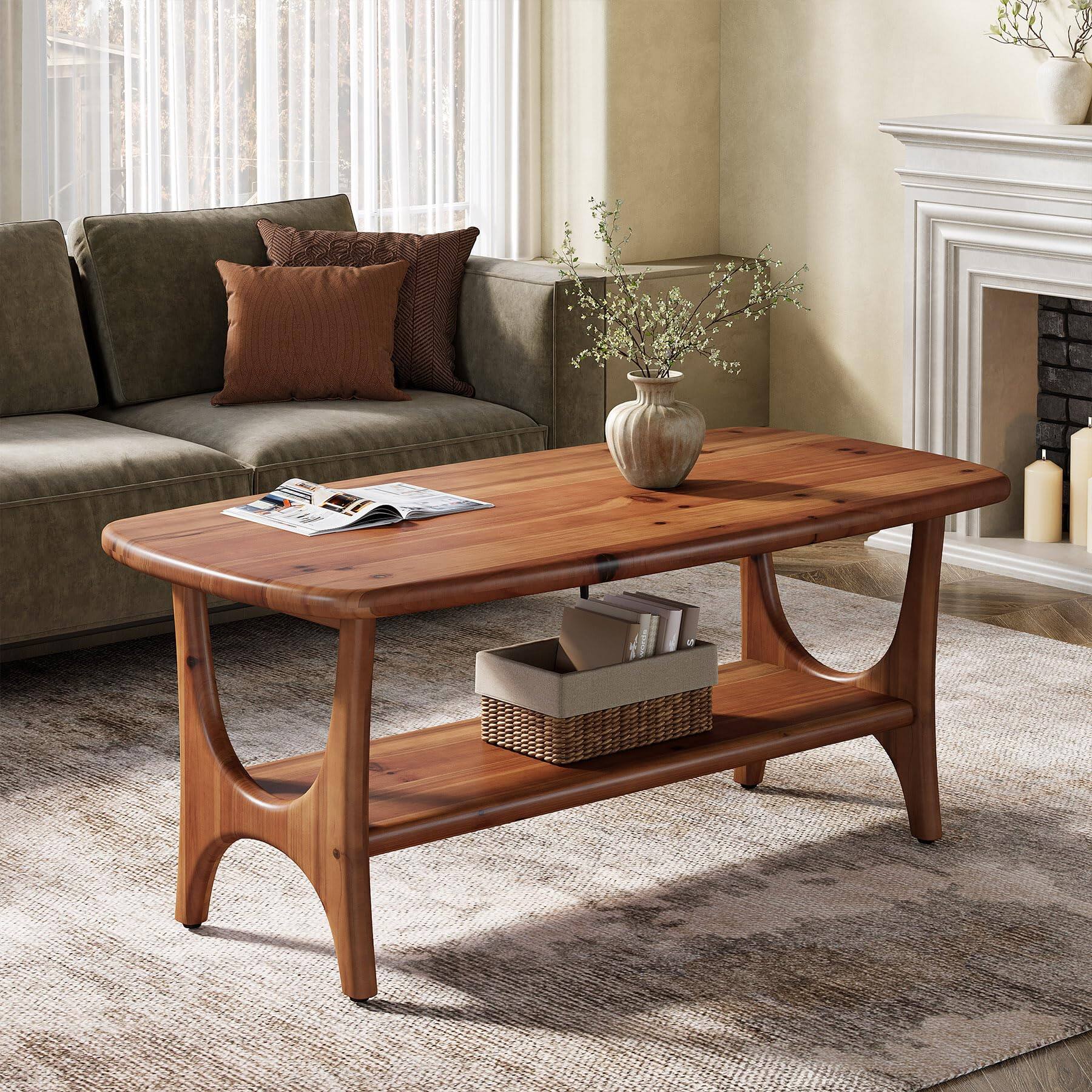 Angle. Tribesigns - 47" Mid Century Modern Solid Wood Coffee Table, Walnut - Walnut.