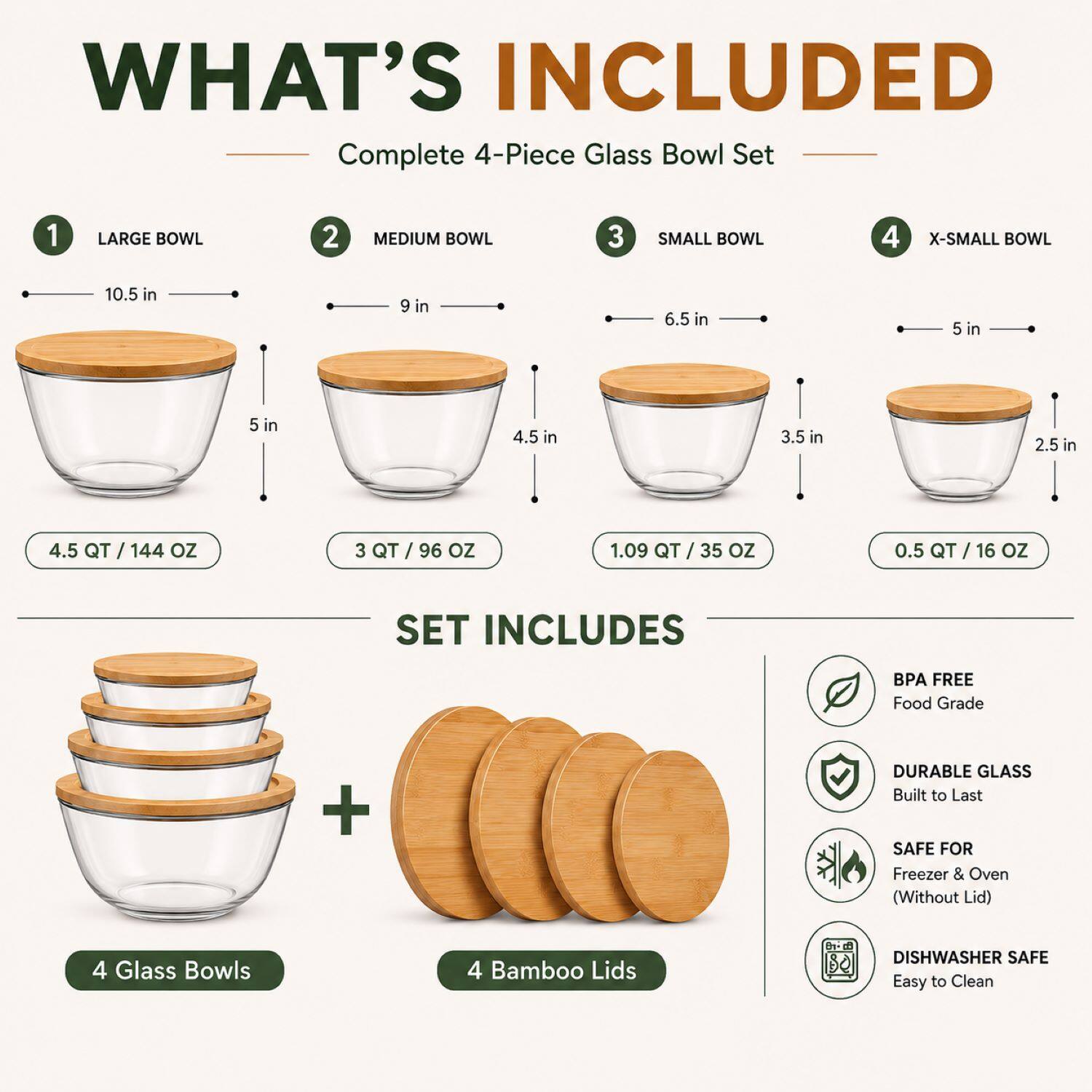 WHAT'S INCLUDED

Complete 4-Piece Glass Bowl Set

1 LARGE BOWL
- 10.5 in
- 5 in
- 4.5 QT / 144 OZ

2 MEDIUM BOWL
- 9 in
- 4.5 in
- 3 QT / 96 OZ

3 SMALL BOWL
- 6.5 in
- 3.5 in
- 1.09 QT / 35 OZ

4 X-SMALL BOWL
- 5 in
- 2.5 in
- 0.5 QT / 16 OZ

SET INCLUDES
- 4 Glass Bowls
- 4 Bamboo Lids

BPA FREE
Food Grade

DURABLE GLASS
Built to Last

SAFE FOR
Freezer & Oven (Without Lid)

DISHWASHER SAFE
Easy to Clean
