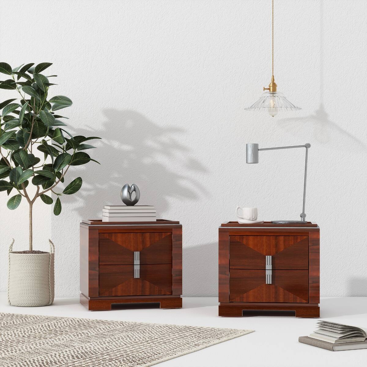 Alt View 1. Loheer - Loheer Mid-Century Modern Nightstand, Two Drawer Storage, Dark Brown, Twenty-Four Inch Wide - Dark Brown.