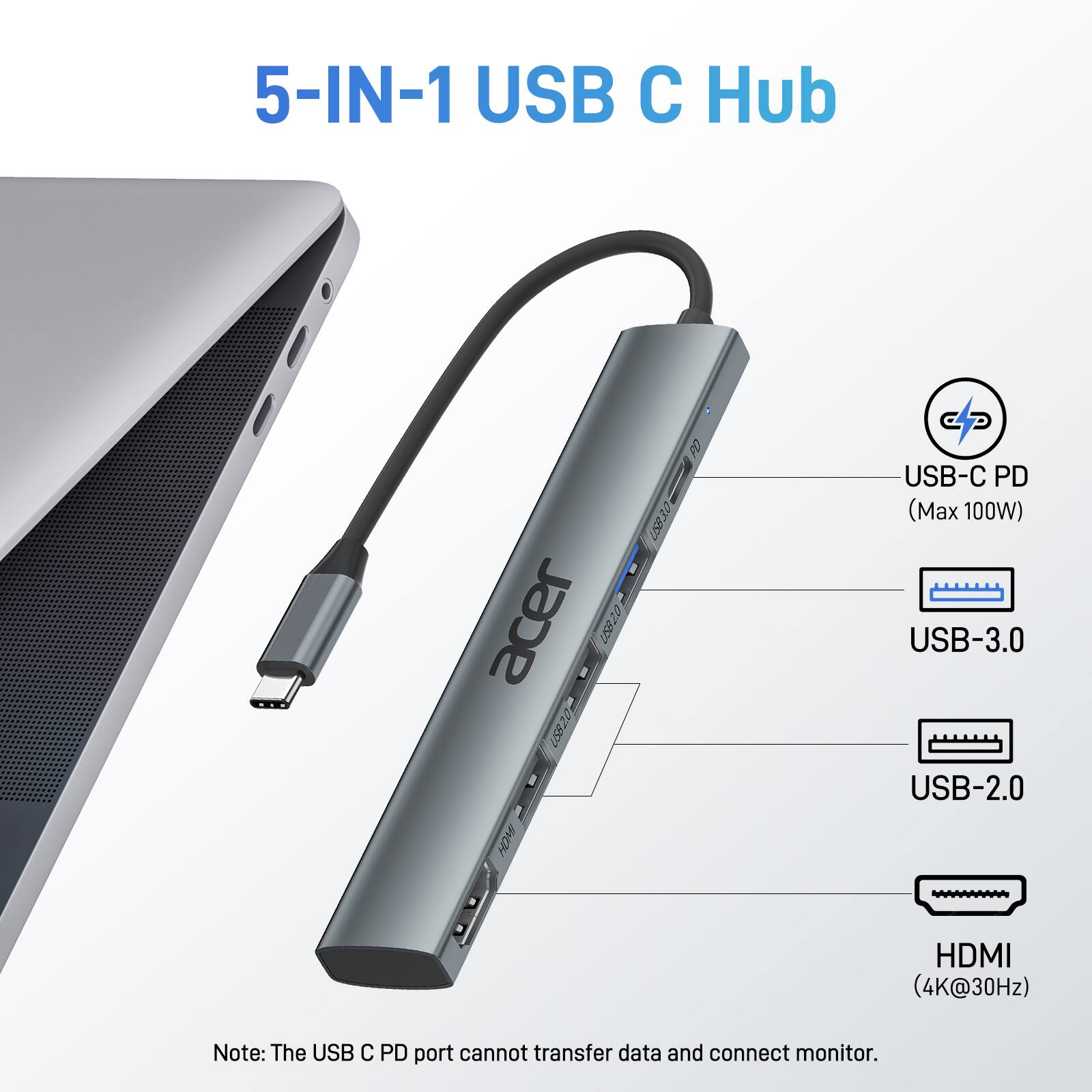 5-IN-1 USB C Hub

Acer US020 US820m HO FO US830 CP

USB-C PD (Max 100W)

USB-3.0

USB-2.0

HDMI (4K@30Hz)

Note: The USB C PD port cannot transfer data and connect monitor.