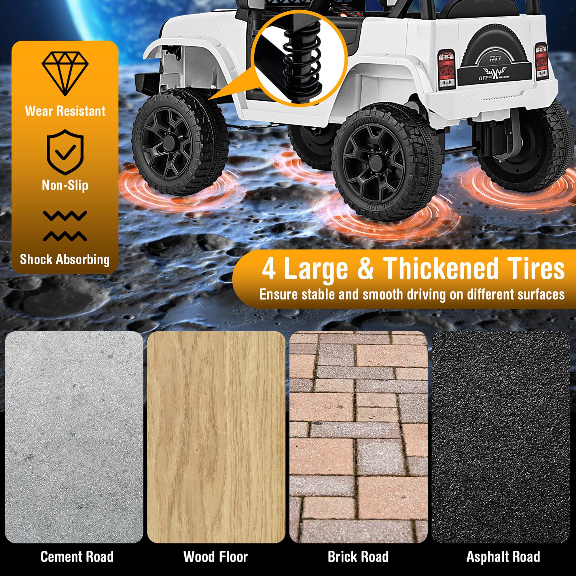 OFF W

Wear Resistant
Non-Slip
Shock Absorbing

4 Large & Thickened Tires Ensure stable and smooth driving on different surfaces
Cement Road
Wood Floor
Brick Road
Asphalt Road