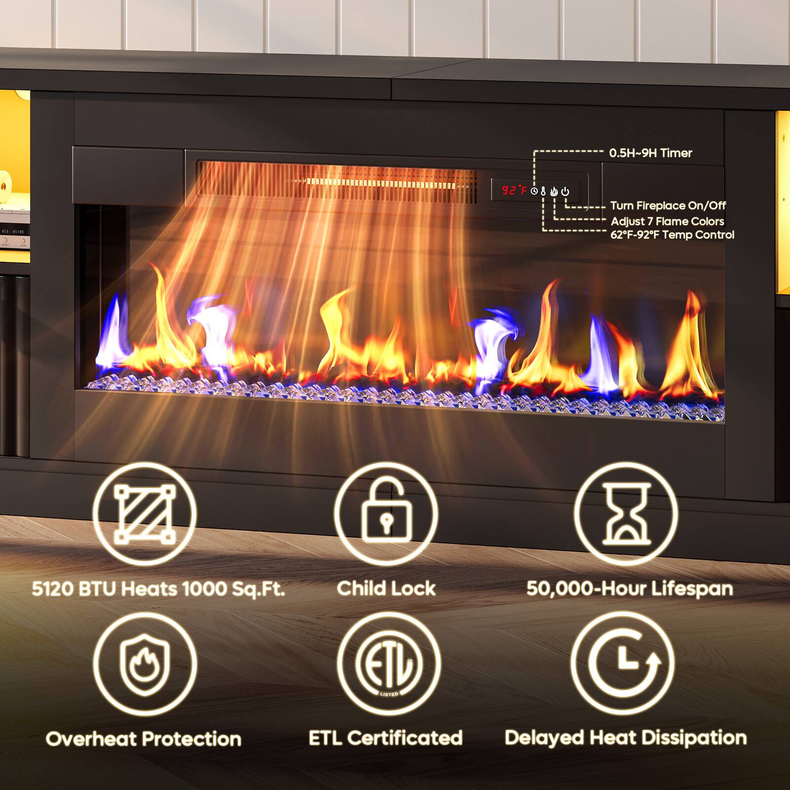 0.5H-9H Timer  
Turn Fireplace On/Off  
Adjust 7 Flame Colors  
62°F-92°F Temp Control  
5120 BTU Heats 1000 Sq.Ft.  
Child Lock  
50,000-Hour Lifespan  
Overheat Protection  
ETL Certificated  
Delayed Heat Dissipation