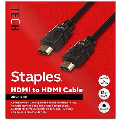 **TECH Staples**
**Staples HDMI to HDMI Cable**
**4K Ultra HD**
Connect two HDMI supported devices to deliver crisp, 4K Ultra HD video and audio with a single cable. Suitable for computers, gaming consoles, HD video equipment and other devices.
**AUDIO & VIDEO**
**12FT 3.6M**
**BLACK**