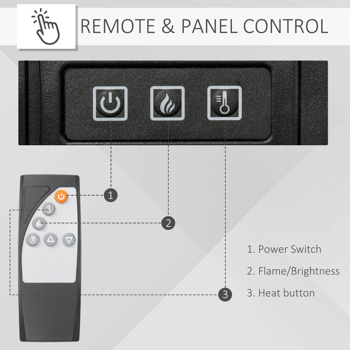 REMOTE & PANEL CONTROL

1. Power Switch
2. Flame/Brightness
3. Heat button