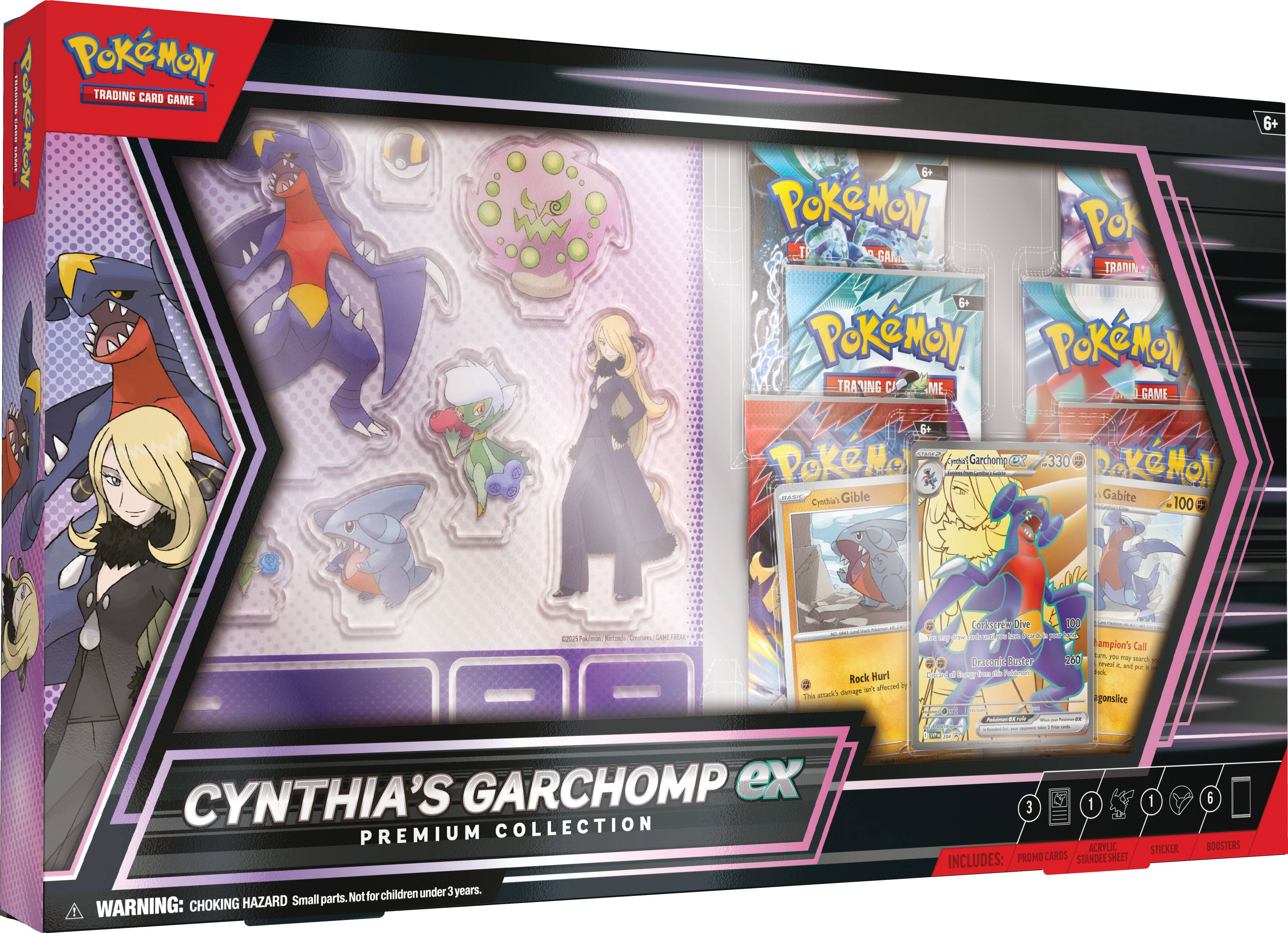 Pokemon | The Trading Card Game! Be a Pokemon Trainer!

Pokemon Premium Collection: Cynthia's Garchomp EX!

Includes:

* 1 Acrylic
* 1 Promo Card
* 1 Standee
* 1 Sticker
* 5 Boosters

For children under 3 years.

WARNING: Small parts. Not for children under 3 years.