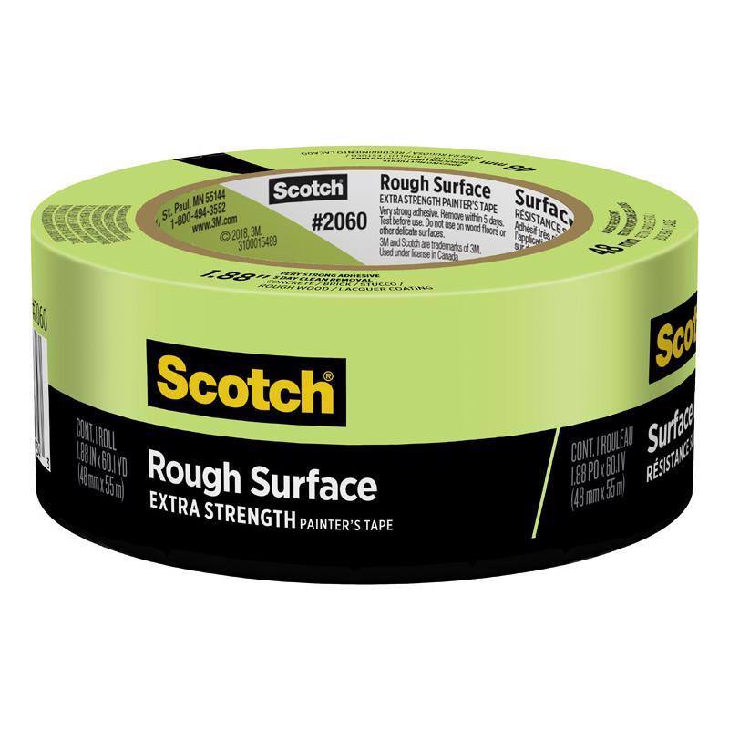Scotch Rough Surface  
#2060  
Extra Strength Painter's Tape  

St. Paul, MN 55144  
1-800-494-3552  
www.3M.com  
3100015489  

Very strong adhesive. Remove within 5 days.  
Test before use. Do not use on wood floors or other delicate surfaces.  
Adhesive is not recommended for use on wood or lacquer.  
3M and Scotch are trademarks of 3M. Used under license in Canada.  

CONT. 1 ROLL  
1.88" x 60 YD  
(48 mm x 55 m)  

Rough Surface  
Extra Strength Painter's Tape  

Surface  
Resistance:  
Adhesive is not recommended for use on wood or lacquer.