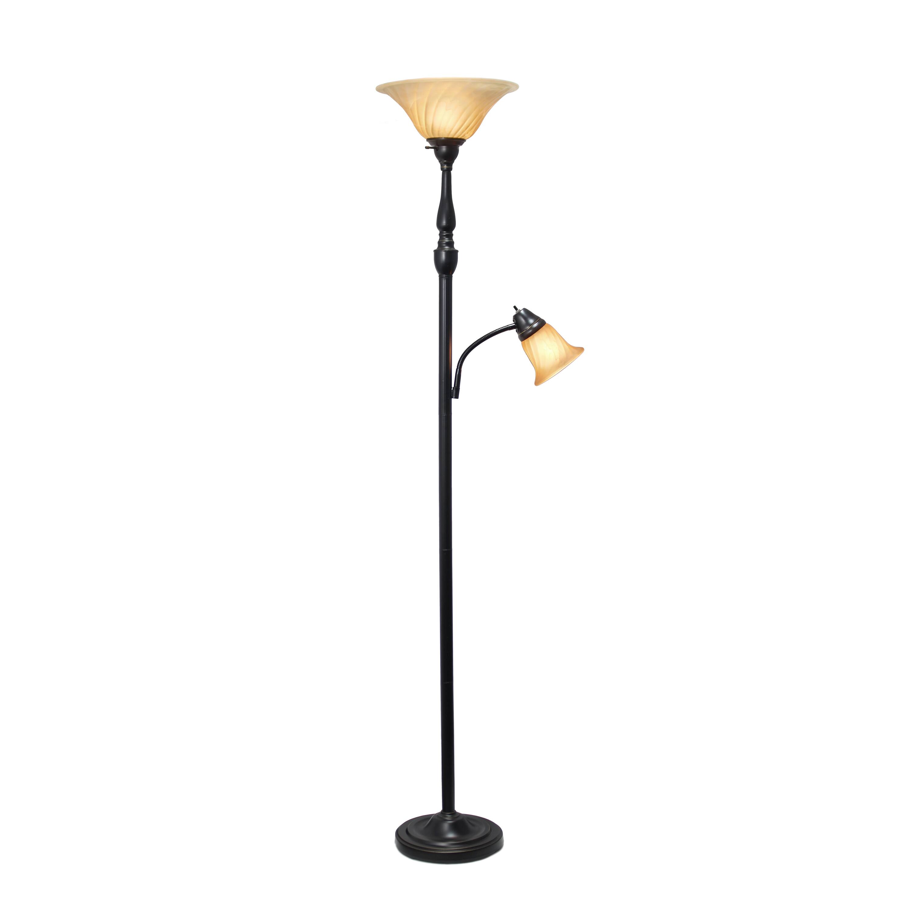 Front. Lalia Home - Torchiere 800lm Floor Lamp with Reading Light and Marble Glass Shades - Restoration Bronze/Amber Shade.