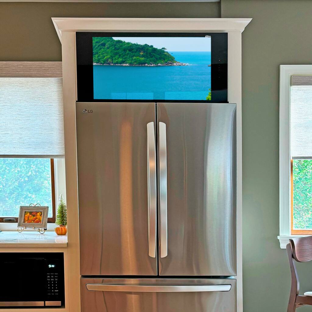 Angle. ParallelAV - 32" Black Frame Kitchen Cabinet Water Resistant Smart TV + Included Kitchen Cabinet Installation Lift.