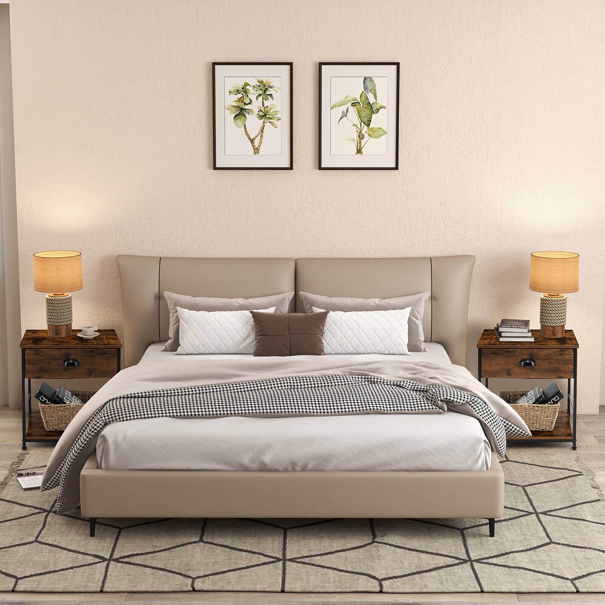 Alt View 3. Gymax - Gymax 2PCS 2-tier Nightstand Bedside End Sofa Coffee Table Bedroom Living Room - Industrial Brown.