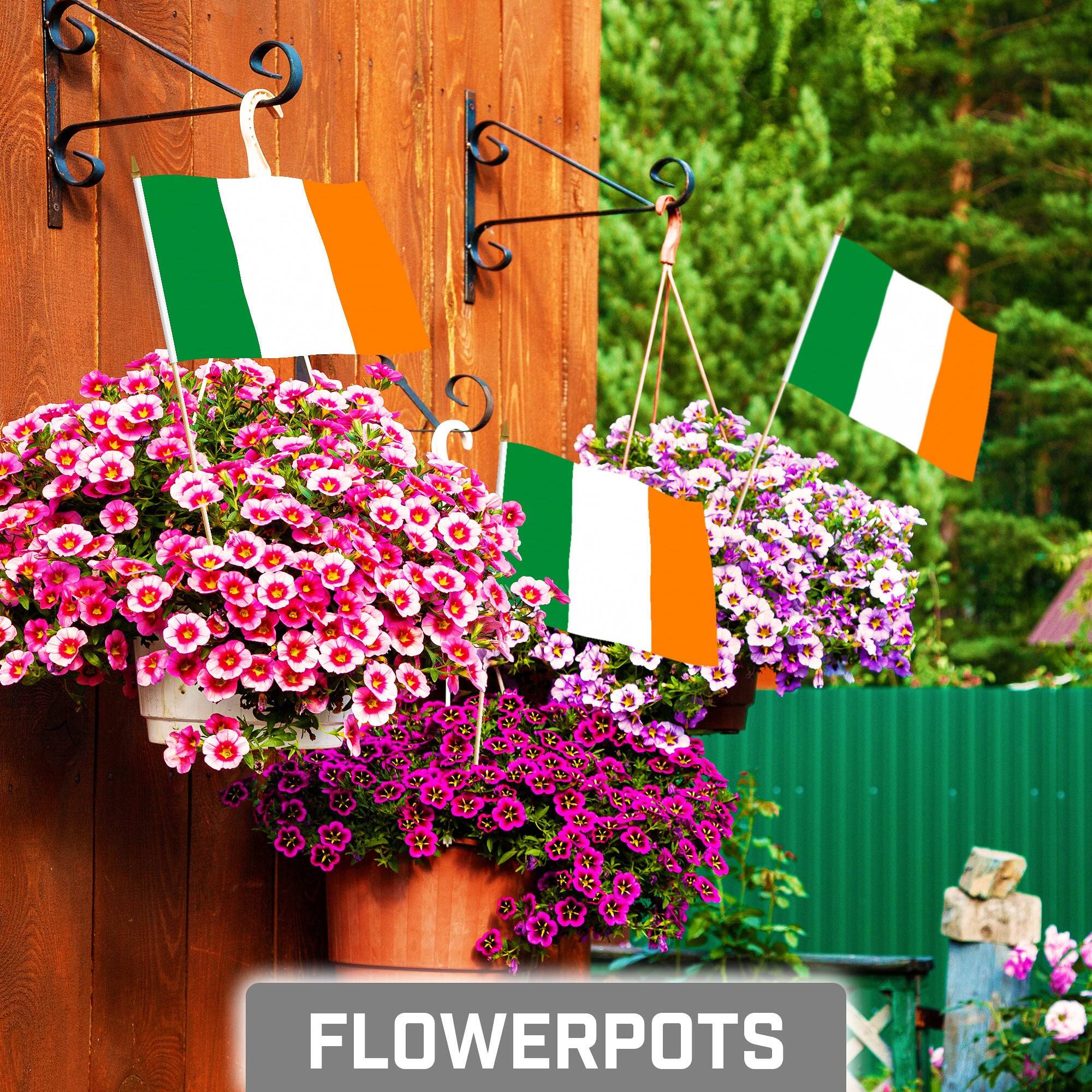 Angle. G128 - 12-Pack Ireland Handheld Stick Flags 8x12 in 150D Polyester Wooden Pole with Gold Spear Tip - Assorted Colors.