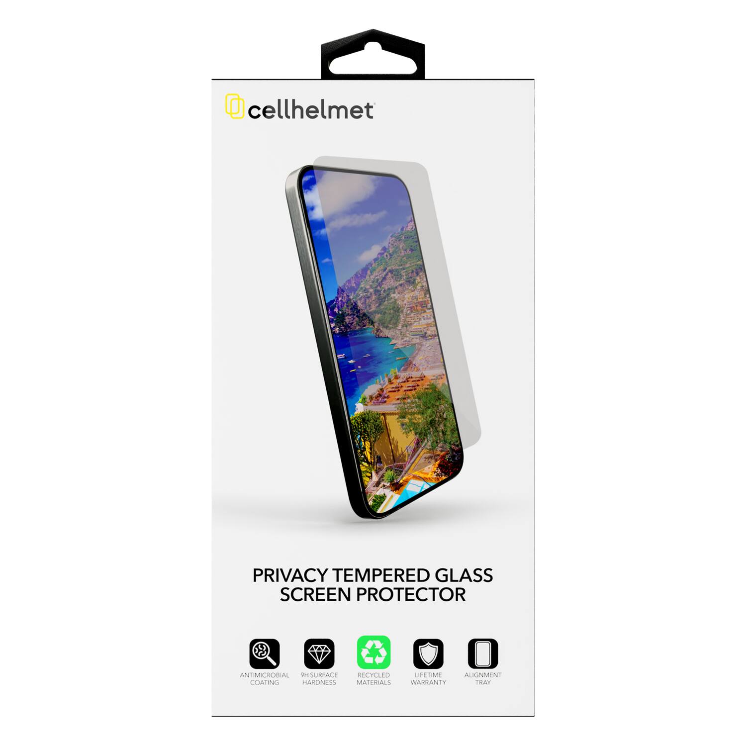 cellhelmet PRIVACY TEMPERED GLASS SCREEN PROTECTOR - ANT ANTIMICROBIAL COATING HARDNESS 9H SURFACE RECYCLED MATERIALS LIFETIME WARRANTY ALIGNMENT TRAY