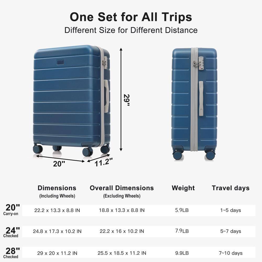 One Set for All Trips  
Different Size for Different Distance

20" Carry-on  
Dimensions (Including Wheels): 22.2 x 13.3 x 8.8 IN  
Overall Dimensions (Excluding Wheels): 18.8 x 13.3 x 8.8 IN  
Weight: 5.9LB  
Travel days: 1-5 days

24" Checked  
Dimensions (Including Wheels): 24.8 x 17.3 x 10.2 IN  
Overall Dimensions (Excluding Wheels): 22.2 x 16 x 10.2 IN  
Weight: 7.9LB  
Travel days: 5-7 days

28" Checked  
Dimensions (Including Wheels): 29 x 20 x 11.2 IN  
Overall Dimensions (Excluding Wheels): 25.5 x 18.5 x 11.2 IN  
Weight: 9.9LB  
Travel days: 7-10 days