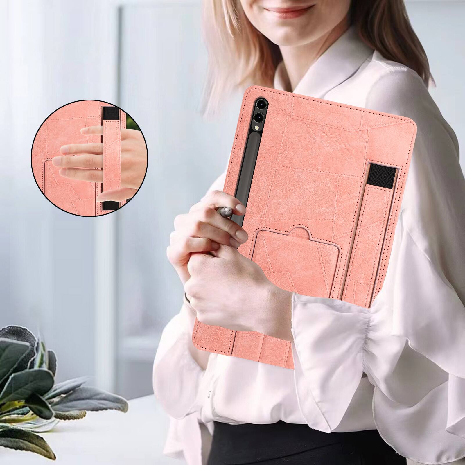 Alt View 3. Dteck - Leather Texture Case for Samsung Galaxy Tab S10 FE+, Shockproof Cover with Multi-Angle Stand and Secure Hand Strap - Pink.