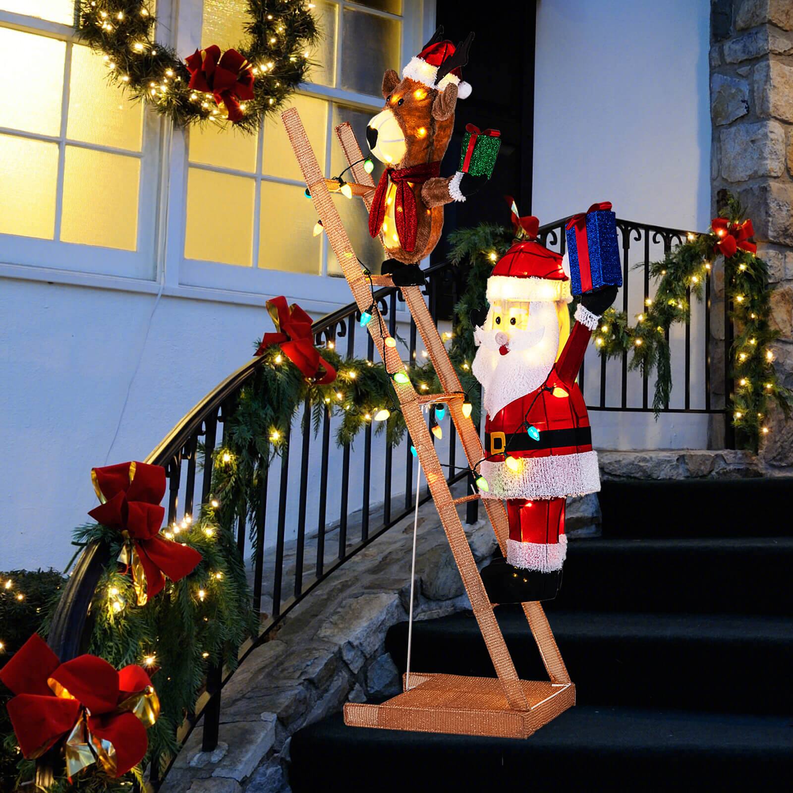 Alt View 4. Costway - Costway 5.5 FT Lighted Reindeer & Santa Claus on Ladder with 100 LED Lights, Zip Ties - Multicolor.