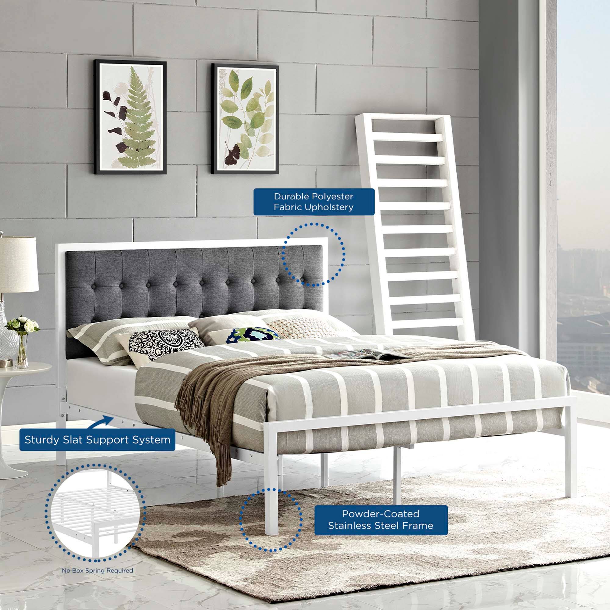- Durable Polyester Fabric Upholstery
- Sturdy Slat Support System
- Powder-Coated Stainless Steel Frame
- No Box Spring Required